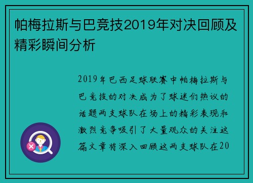 帕梅拉斯与巴竞技2019年对决回顾及精彩瞬间分析